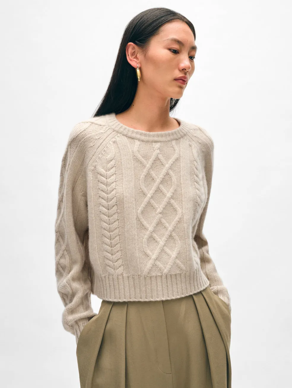 cashmere luxe cable collar crewneck