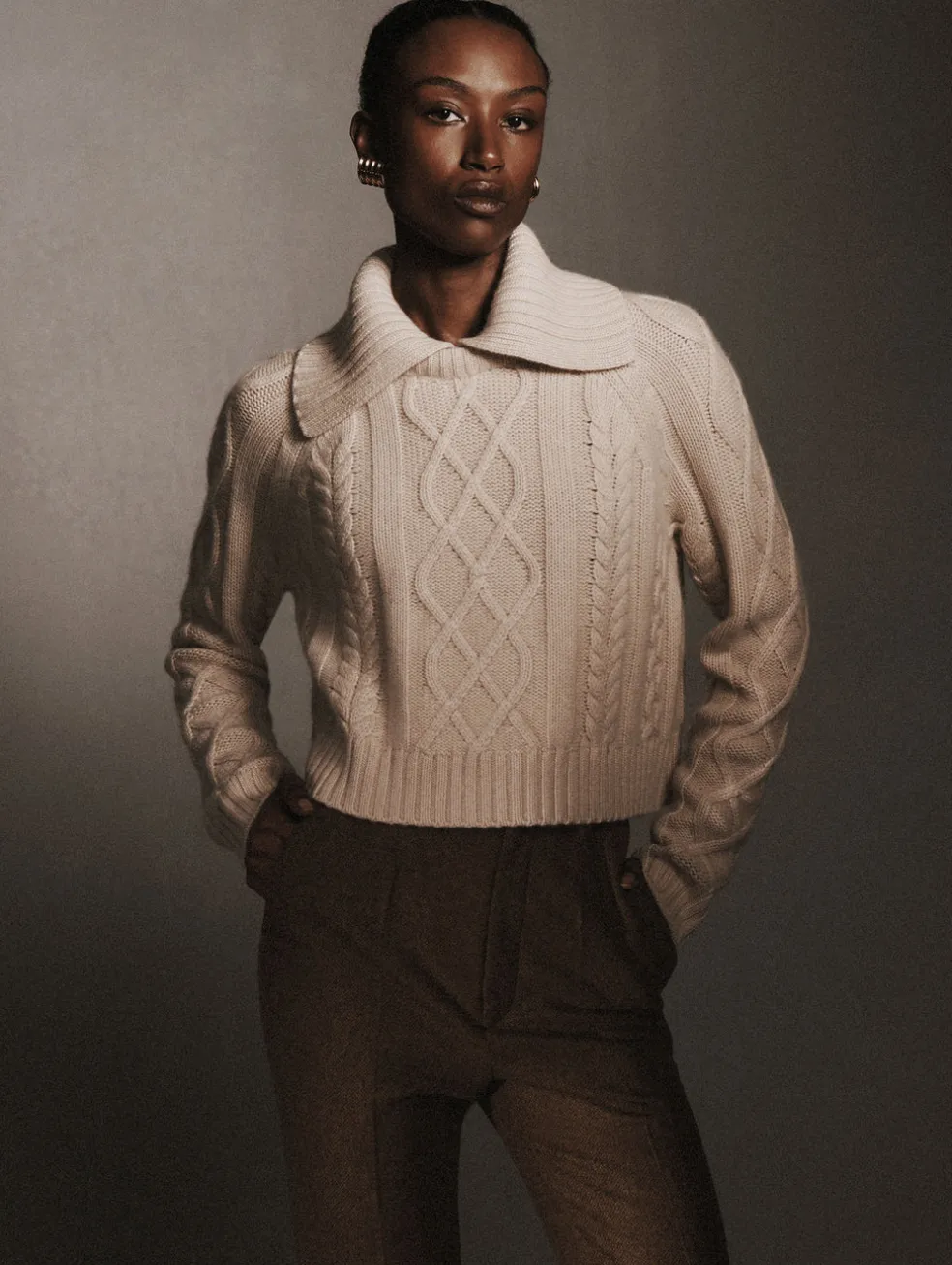 cashmere luxe cable collar crewneck