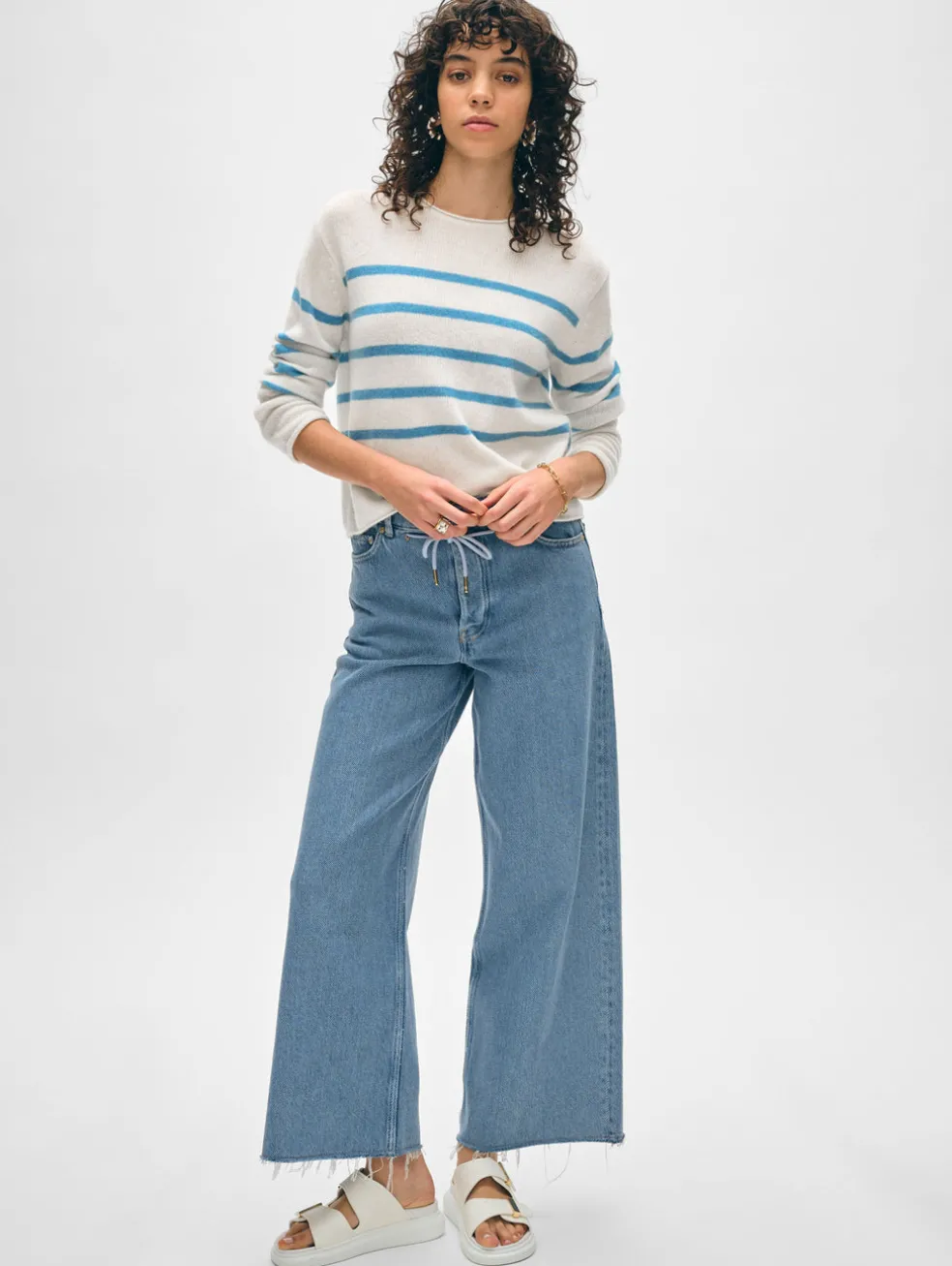 cashmere striped roll trim crewneck